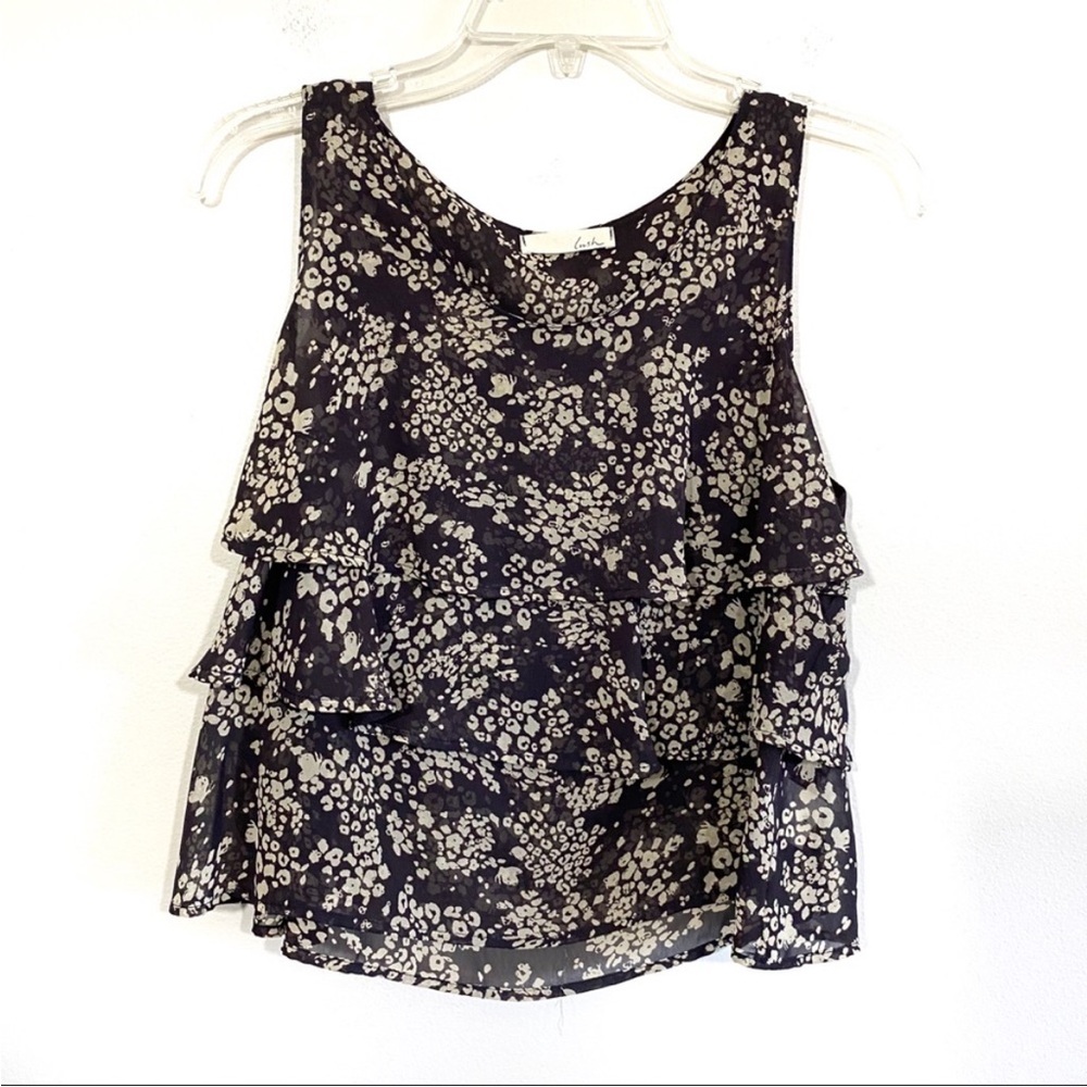 lush cheetah print ruffle layered sleeveless blouse sheer business wear Sz M